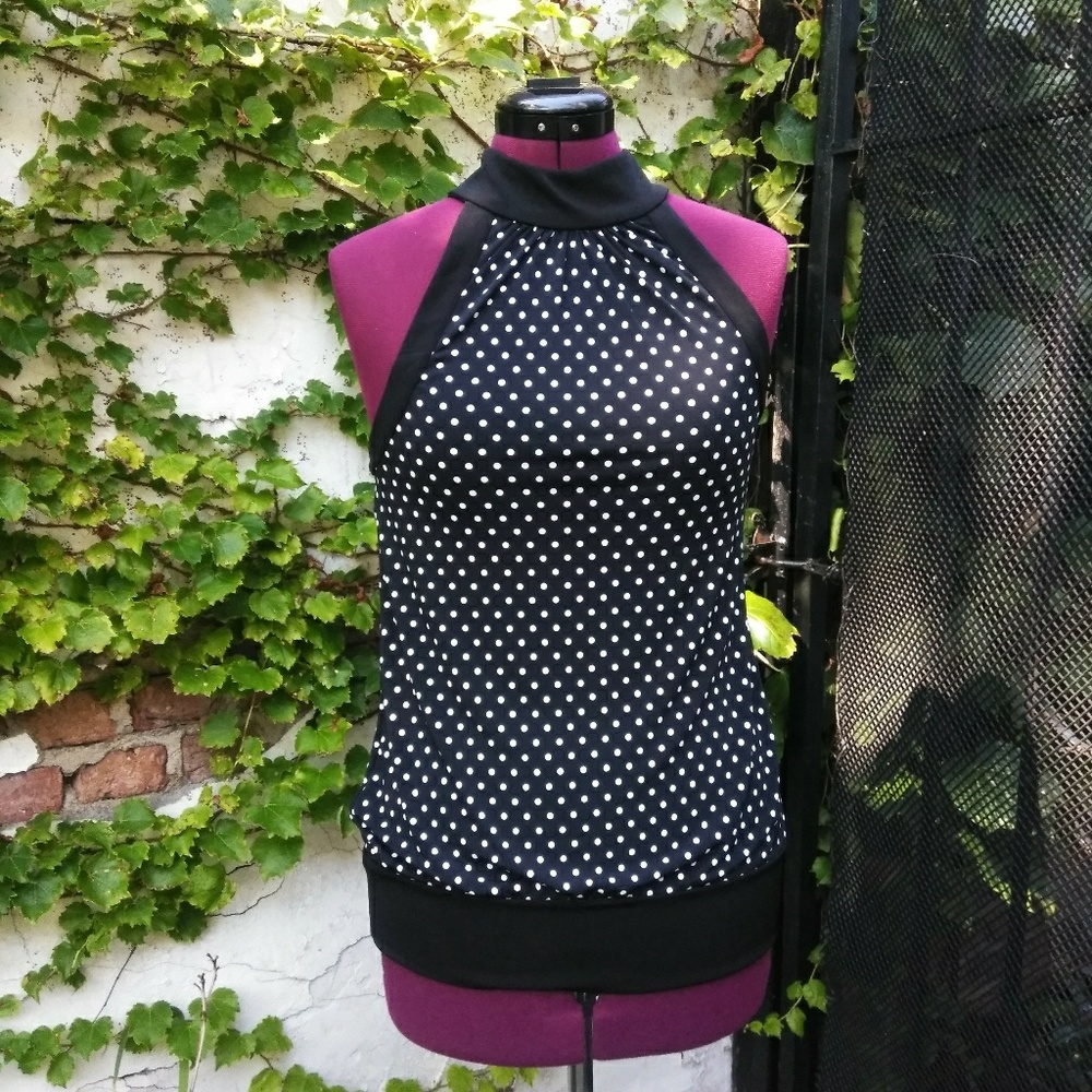 WHBM top black and white small Polk a dots halter